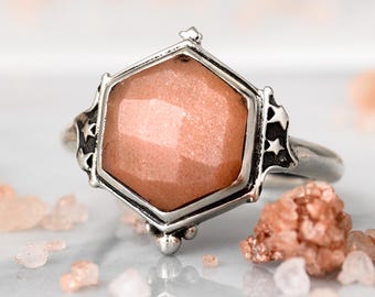 Peach Moonstone Celestial Ring | Sterling Silver Moon and Star Gemstone Ring, Boho Peach Moonstone Jewelry, Spiritual Ring for Women