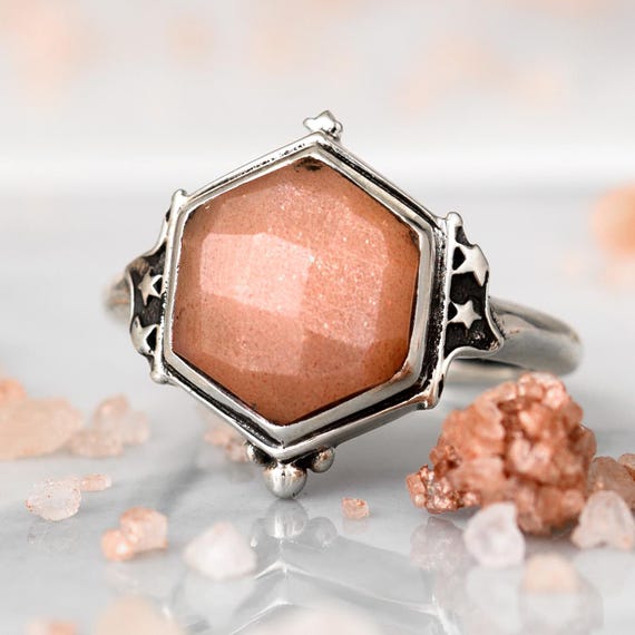 Peach Moonstone Celestial Ring | Sterling Silver Moon and Star Gemstone Ring, Boho Peach Moonstone Jewelry, Spiritual Ring for Women