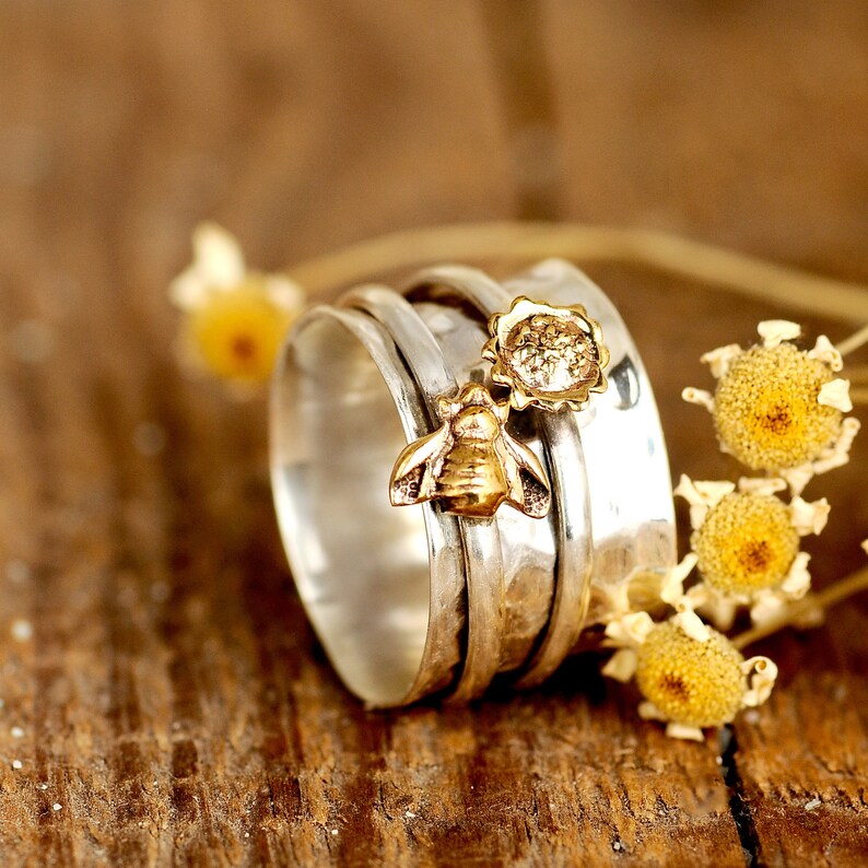 Sunflower and Bee Ring Spinner Ring Sterling Silver Ring for Etsy