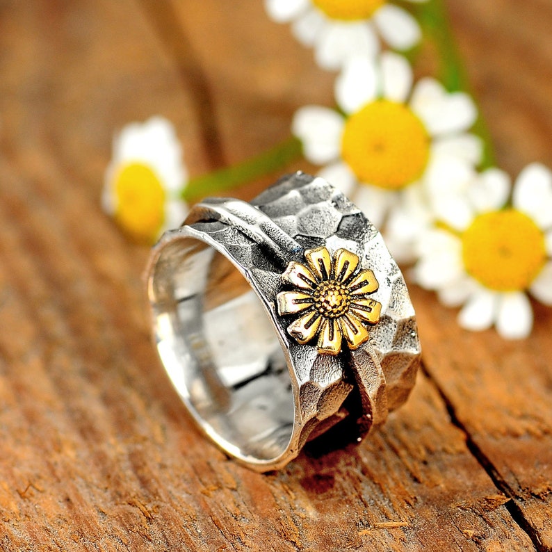 Sunflower Spinner Ring Sterling Silver Ring for Women Nature image 0