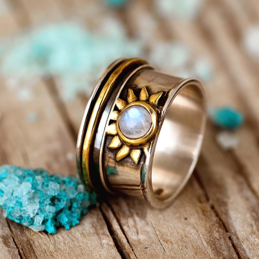 Sun Ring, Moonstone Ring, Fidget Anxiety Ring, Sterling Silver Ring for ...