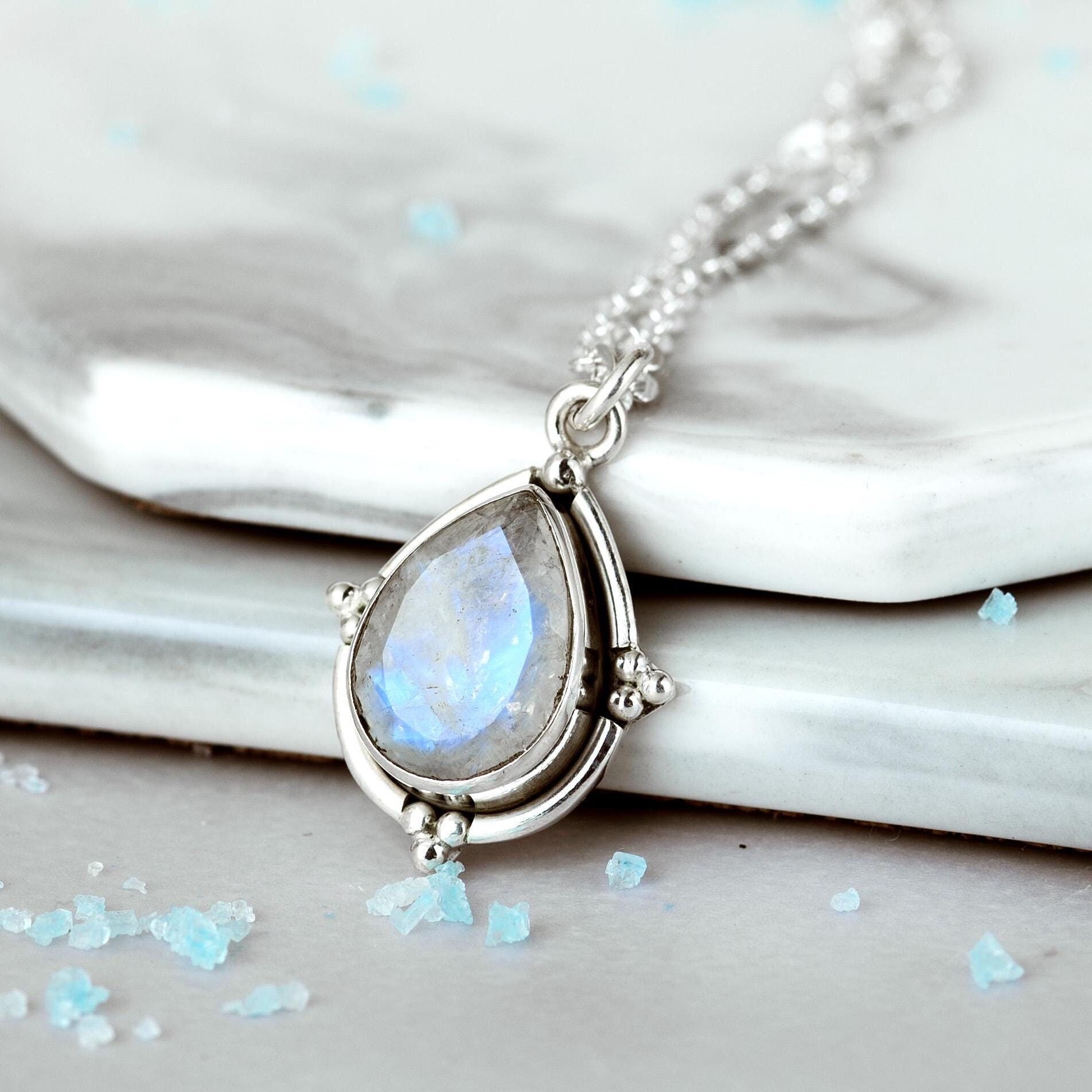 Teardrop Moonstone Necklace | Sterling Silver Gemstone Jewelry, Boho Moonstone Necklace, Unique Statement Necklace for Women