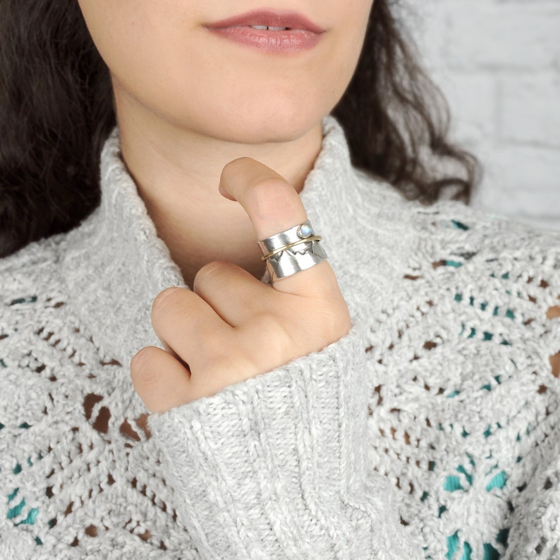 Mountain Moonstone Ring, Fidget Spinner Ring, Sterling Silver Ring for Women, Nature Meditation Spinning Wide Band, Anxiety Ring image 4