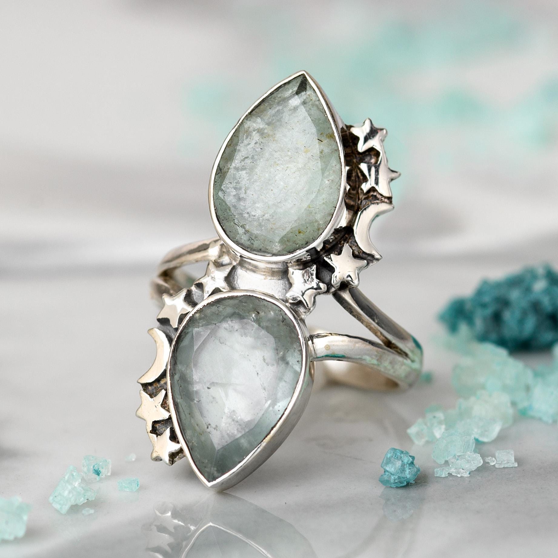 Aquamarine Teardrop Ring | Sterling Silver Moon and Star Gemstone Ring, Boho Aquamarine Jewelry, Celestial Statement Ring for Women