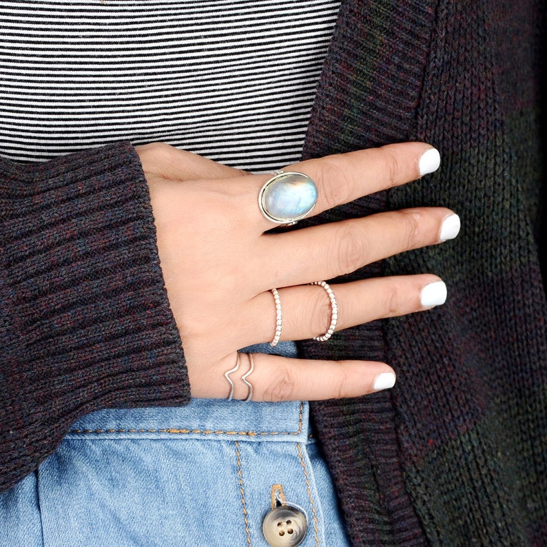 Rainbow Moonstone Ring, Sterling Silver Rings for Women, Boho Simple Ring with Big Stone, Birthstone Gemstone Ring Jewelry image 9