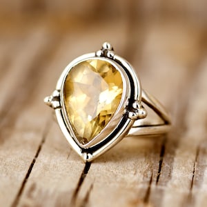 Citrine Teardrop Ring for Women, Sterling Silver Ring, Boho Ring, Natural Genuine Real Yellow Stone Ring, Pear Ring