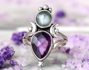 Aquamarine and Amethyst Moon and Star Ring | Sterling Silver Celestial Jewelry, Boho Gemstone Ring, Unique Statement Ring for Women