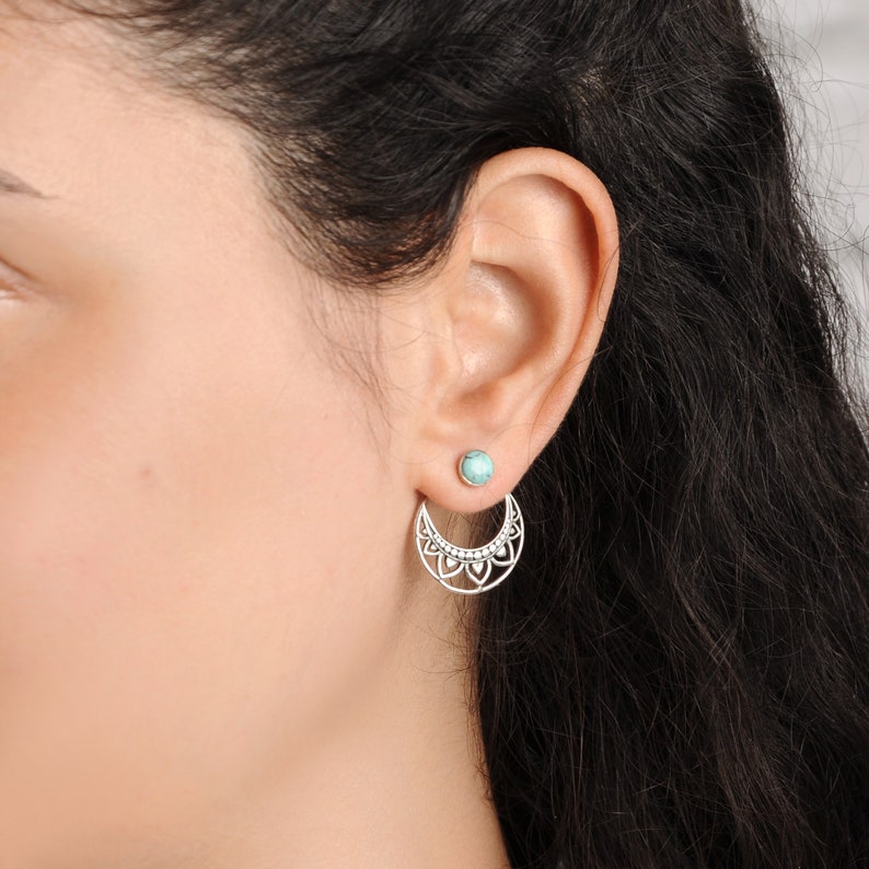 Turquoise Earrings, Ear Jacket Stud, Sterling Silver Front Back Earrings, Bohemian Boho Pair of Earrings image 1