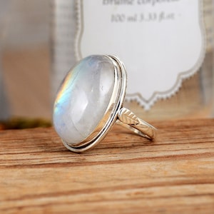 Rainbow Moonstone Ring, Sterling Silver Rings for Women, Boho Simple Ring with Big Stone, Birthstone Gemstone Ring Jewelry image 4