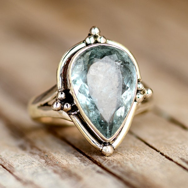 Aquamarine Ring for Women, Sterling Silver Ring, Boho Ring, Natural Genuine Real Blue Stone Ring, Statement Ring