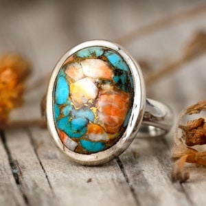 Oyster Copper Turquoise Ring for Women, Sterling Silver Ring, Boho Jewelry, Oval Stone Ring, Statement Ring