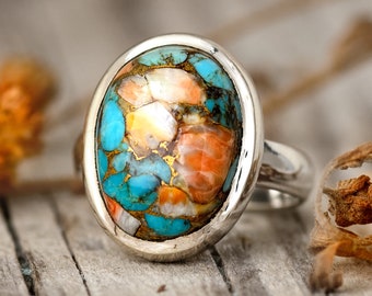 Oyster Copper Turquoise Ring for Women, Sterling Silver Ring, Boho Jewelry, Oval Stone Ring, Statement Ring