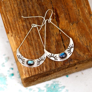 Sun Labradorite Earrings, Large Boho Sterling Silver Earrings, Celestial Jewelry, Statement Earrings, Stone Gemstone Dangle image 3