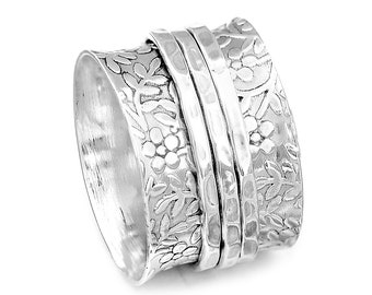 Flowers Spinner Ring, Worry Ring, Sterling Silver Ring for Women, Boho Chunky Ring, Wide band Fidget Ring, Ethnic Handmade Meditation Ring,
