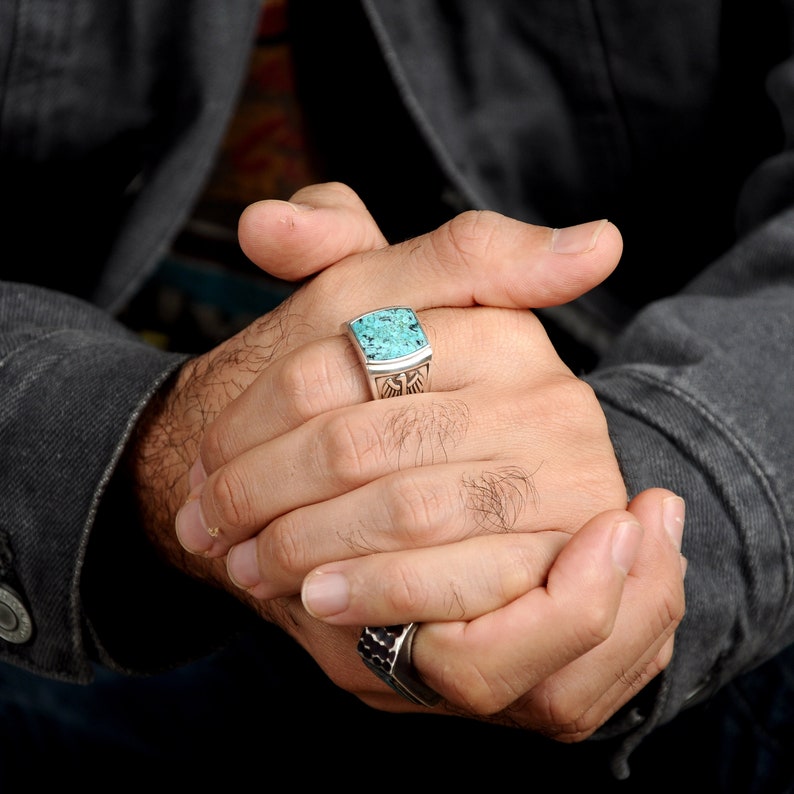 Eagle Turquoise Ring for Men, Sterling Silver Mens Ring, Square Stone Ring, Signet Ring, Alternative Engagement Ring image 3