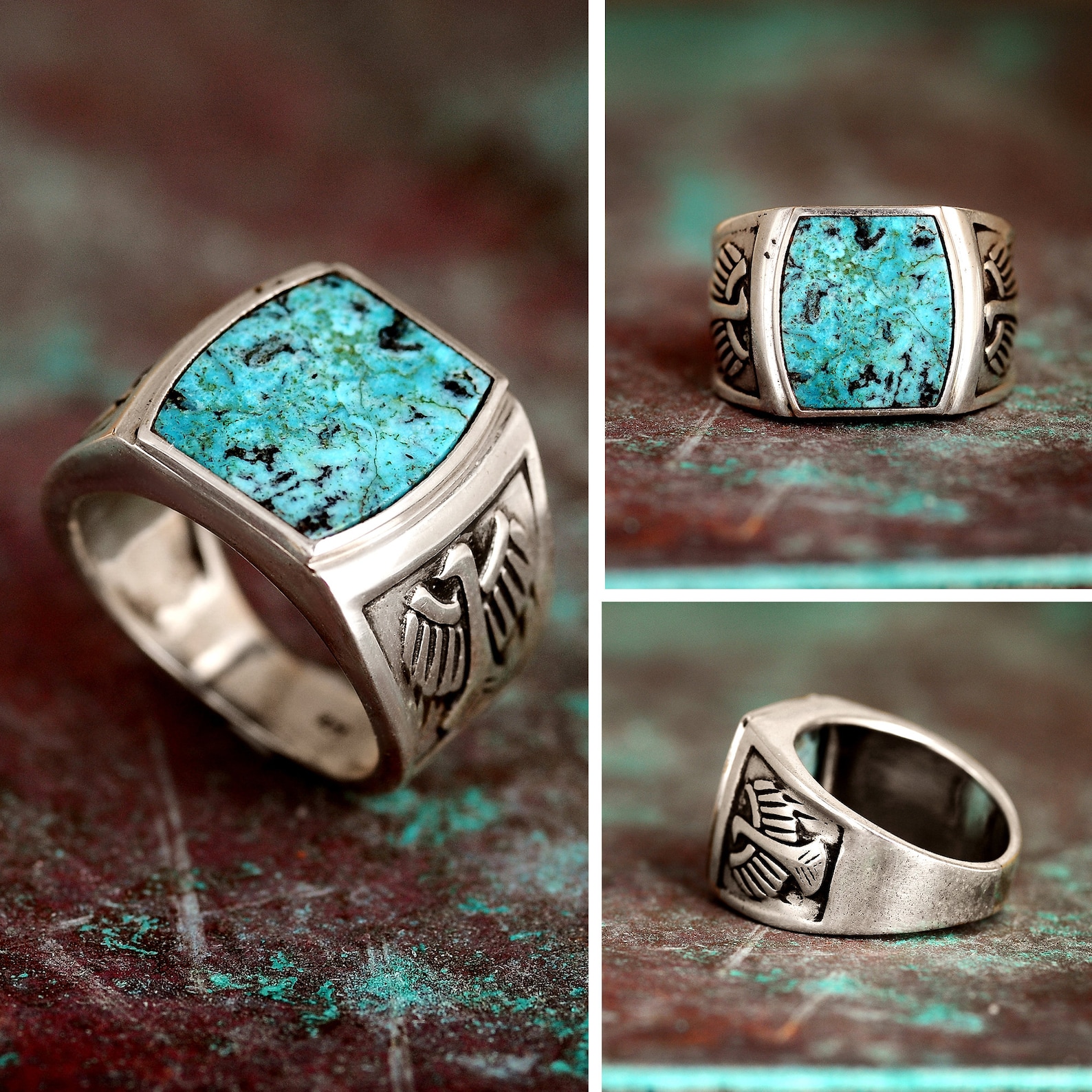 HIJONES Men's Vintage Gothic Eagle Ring - Stainless Steel With Blue Turquoise Stone