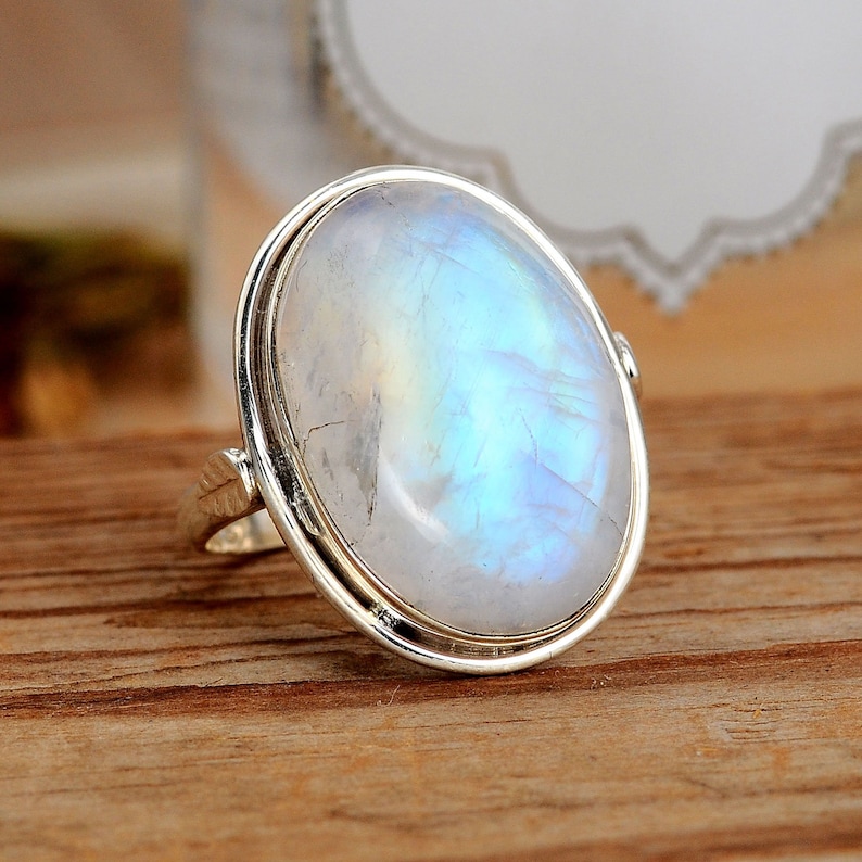 Rainbow Moonstone Ring, Sterling Silver Rings for Women, Boho Simple Ring with Big Stone, Birthstone Gemstone Ring Jewelry image 3