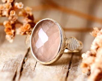 Rose Quartz Ring for Women, Sterling Silver Ring, Boho Ring, Natural Genuine Blue Stone Ring, Leaf Ring