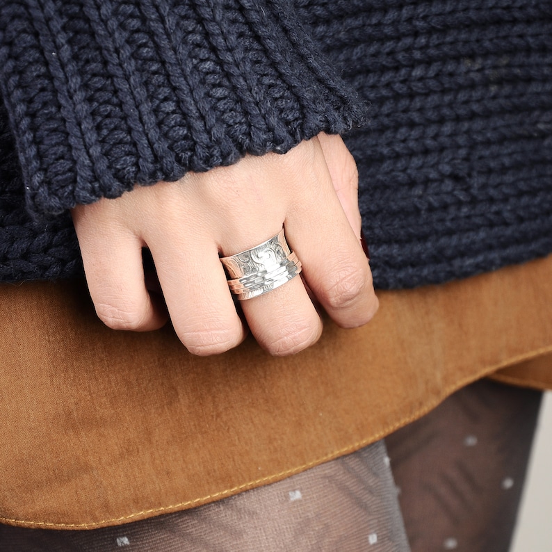 Spinner Ring, Worry Ring, Sterling Silver Ring for Women, Boho Chunky Ring, Wide band Fidget Ring, Ethnic Handmade Meditation Ring, image 6