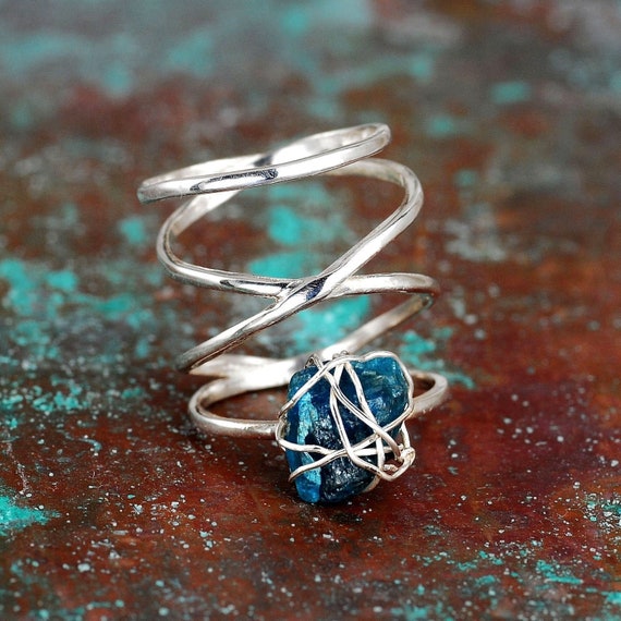 Raw Stone Ring, Apatite Ring, Sterling Silver Ring for Women, Wire Wrapped Ring, Boho Statement Ring, Uncut Raw Gemstone Ring, Birthstone