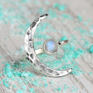 Crescent Moon Ring, Rainbow Moonstone Ring, Adjustable Boho Sterling Silver Ring for Women, Stone Gemstone, Statement Celestial Jewelry image 9