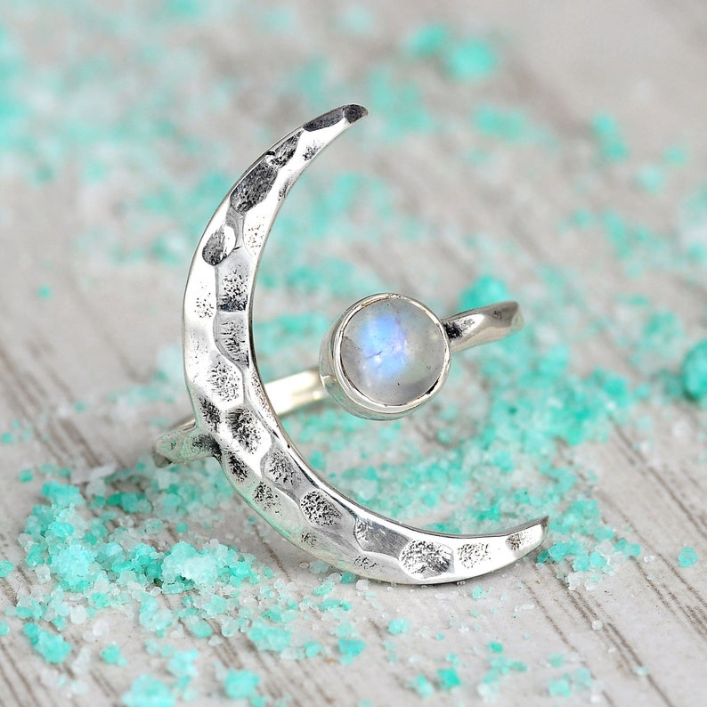 Crescent Moon Ring, Rainbow Moonstone Ring, Adjustable Boho Sterling Silver Ring for Women, Stone Gemstone, Statement Celestial Jewelry image 9