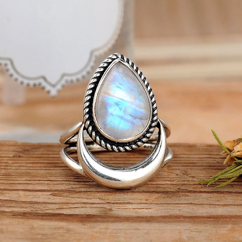 Crescent Moon Ring, Rainbow Moonstone Ring, Boho Sterling Silver Ring for Women, Celestial Jewelry, Teardrop Ring, Statement Stone Gemstone 