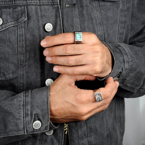 Turquoise Ring for Men, Sterling Silver Mens Ring, Square Stone Ring,  Signet Ring, Black Ring, Alternative Engagement Ring