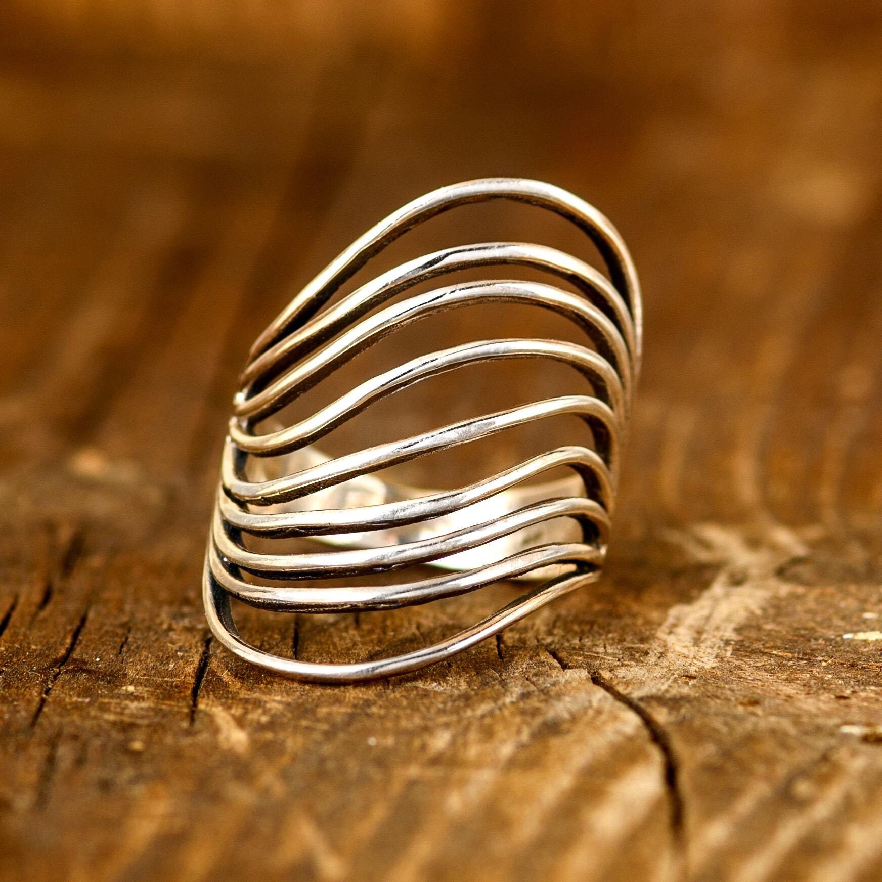 オーシャンウェーブステートメントリング | スターリングシルバーの