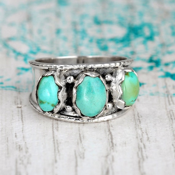 Three Stone Turquoise Ring Sterling Silver Ring for Women Thumb