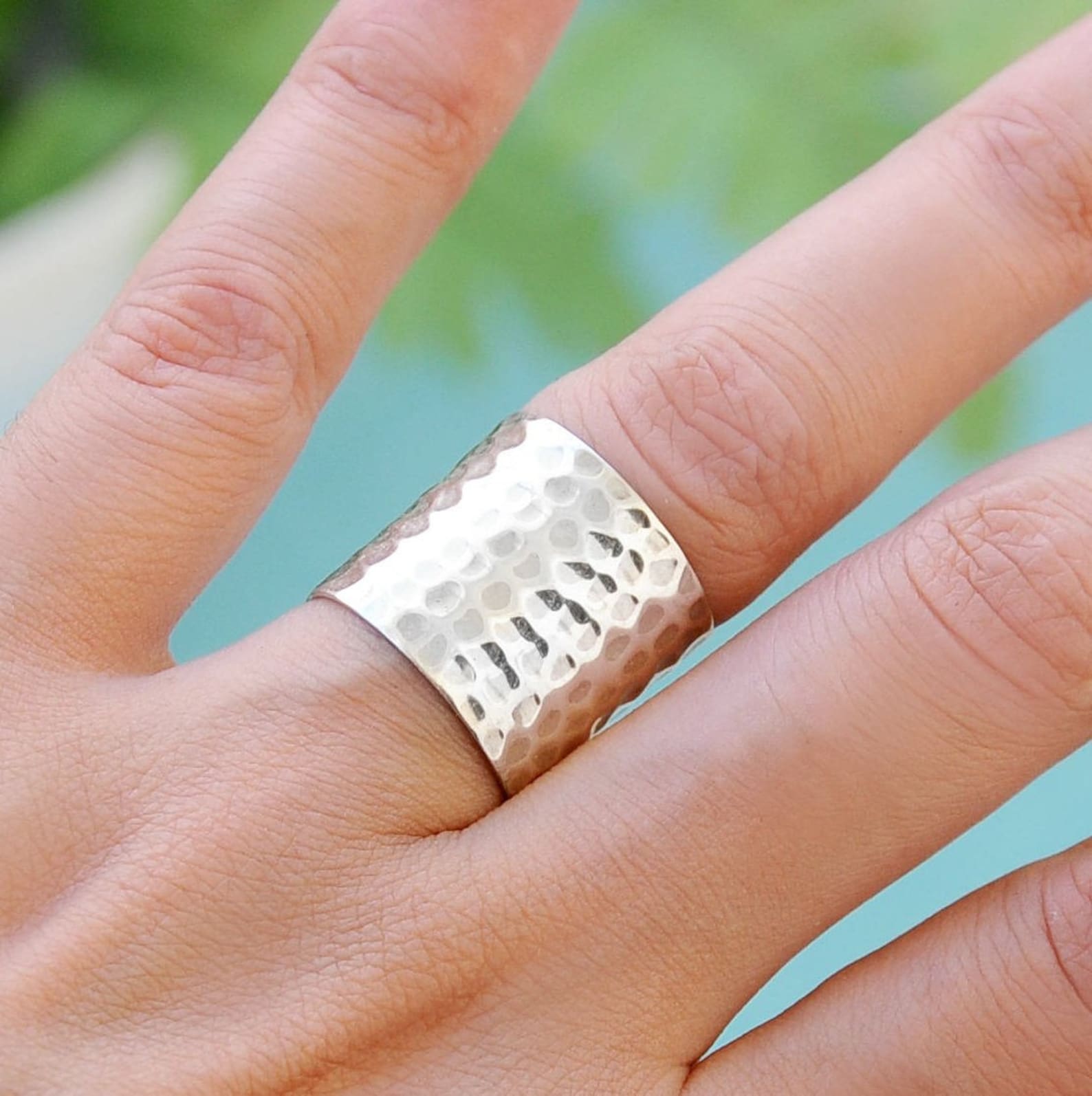 Cuff Ring Sterling Silver Ring for Women, Wide Band Hammered Statement