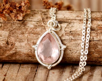 Teardrop Rose Quartz Necklace | Sterling Silver Gemstone Jewelry, Boho Rose Quartz Necklace, Unique Statement Necklace for Women