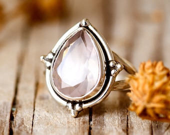 Rose Quartz Teardrop Ring for Women, Sterling Silver Ring, Natural Genuine Pink Stone Ring, Pear Ring