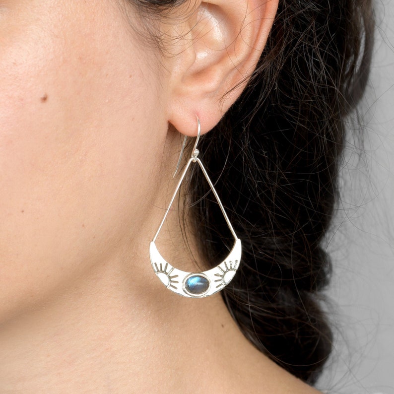 Sun Labradorite Earrings, Large Boho Sterling Silver Earrings, Celestial Jewelry, Statement Earrings, Stone Gemstone Dangle image 2