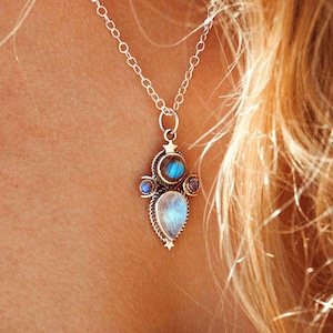Labradorite and Moonstone Necklace | Sterling Silver Celestial Jewelry with Crescent Moons and Stars, Boho Spiritual Necklace for Women