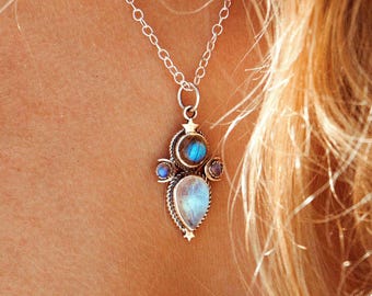 Labradorite and Moonstone Necklace | Sterling Silver Celestial Jewelry with Crescent Moons and Stars, Boho Spiritual Necklace for Women