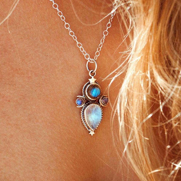 Labradorite and Moonstone Necklace | Sterling Silver Celestial Jewelry with Crescent Moons and Stars, Boho Spiritual Necklace for Women