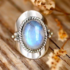 Moonstone Ring for Women, Sterling Silver Ring, Boho Ring, Natural Large Big Blue Stone Ring, Statement Ring