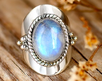 Moonstone Ring for Women, Sterling Silver Ring, Boho Ring, Natural Large Big Blue Stone Ring, Statement Ring