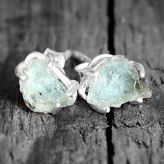 Amazon.com: Raw Natural Aquamarine Gemstone Stud Earrings : Handmade  Products