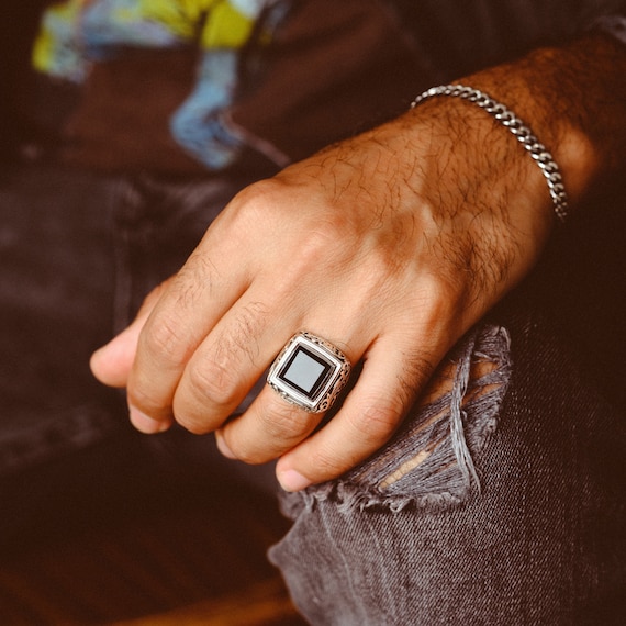 Black Square Onyx Silver Men's Ring