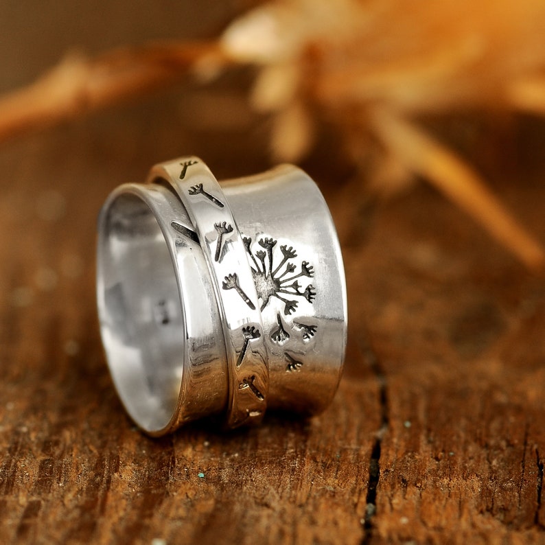 Dandelion Flower Spinner Ring for Women, Sterling Silver Fidget Ring Band, Nature Ring, image 9