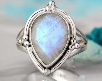 Teardrop Faceted Moonstone Ring | Sterling Silver Boho Gemstone Jewelry, Unique Gemstone Ring for Women, Bohemian Statement Ring