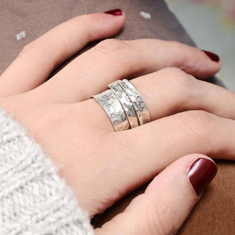 Spinner Ring, Worry Ring, Sterling Silver Ring for Women, Boho Chunky Ring, Wide band Fidget Ring, Ethnic Handmade Meditation Ring, image 8