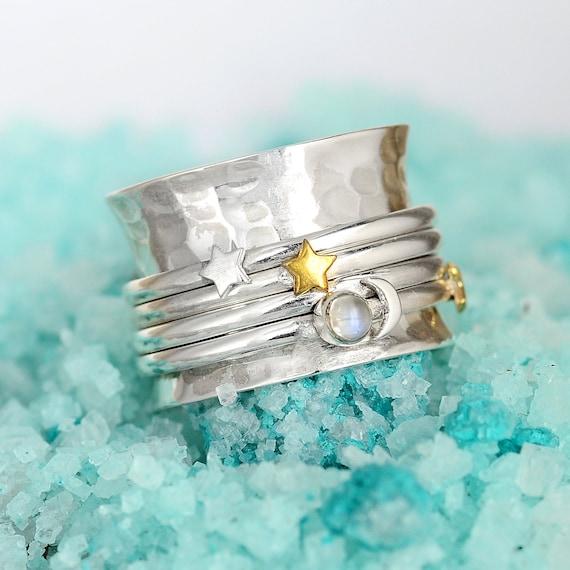 Stars and Moon ring, Moonstone Ring, Spinner Ring, Sterling Silver Ring for Women, Meditation Anxiety Fidget Ring, Boho Celestial Jewelry