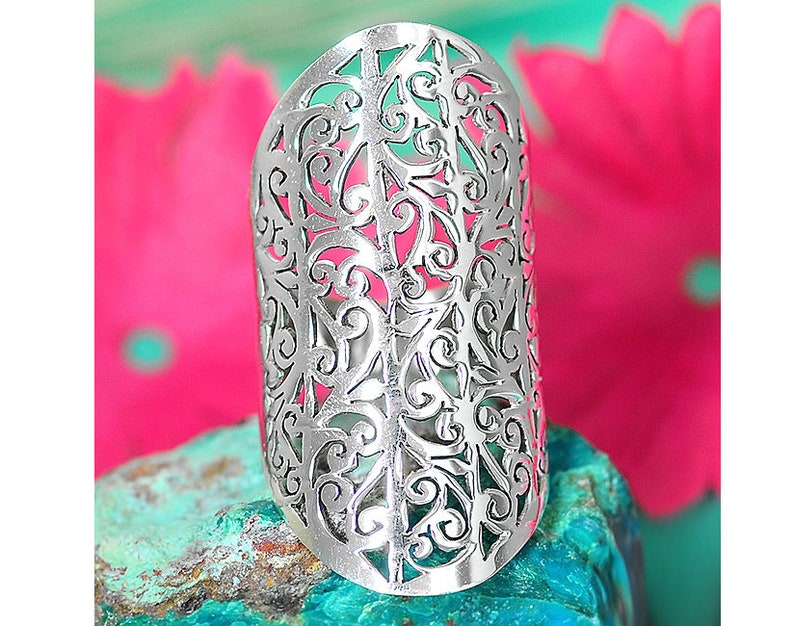 Filigree Ring, Statement Ring, 925 Sterling Silver Ring, Boho, Bohemian Rings for Women, Long Wide Large Full Finger Big Chunky Jewelry image 8