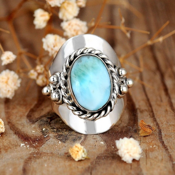 Larimar Ring Sterling Silver Ring for Women Boho Statement Ring