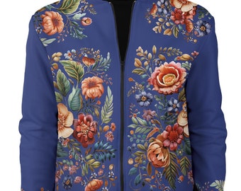 Embroidery-Inspired Floral Bomber Jacket – Chic Blue and Purple Flower Design