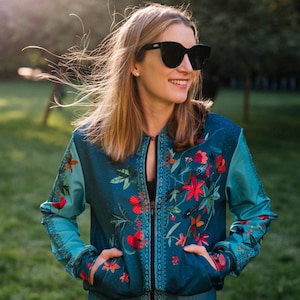 Wildflowers and Birds Turquoise Bomber Jacket – Hand-Painted Inspired Print, Folk Art Style
