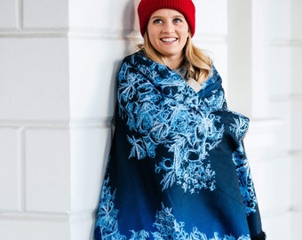 Weiße Frost warme Schaldecke kariert Vintage Geschenk für Sie bedruckt Herbst Winter Oversized Damen Poncho Festival Kleidung Schönes Unikat